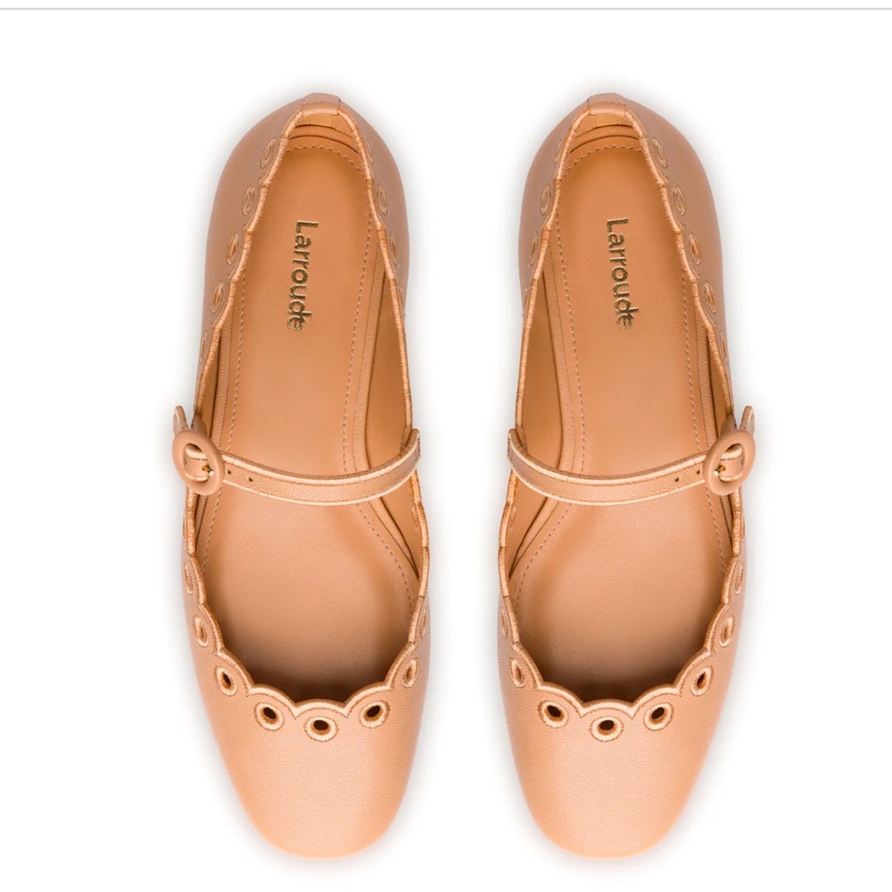 LARROUDE Blair Broderie Ballet Flat In Tan Leather